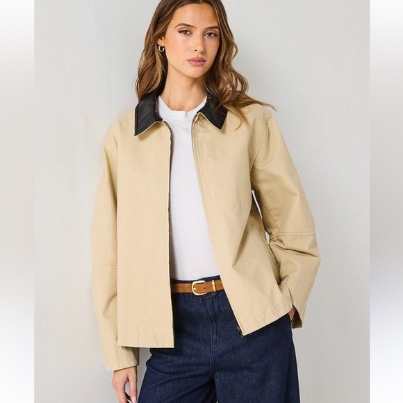 Mango Jackets & Blazers - Mango Beige chore Jacket with Black leather Contrast Collar